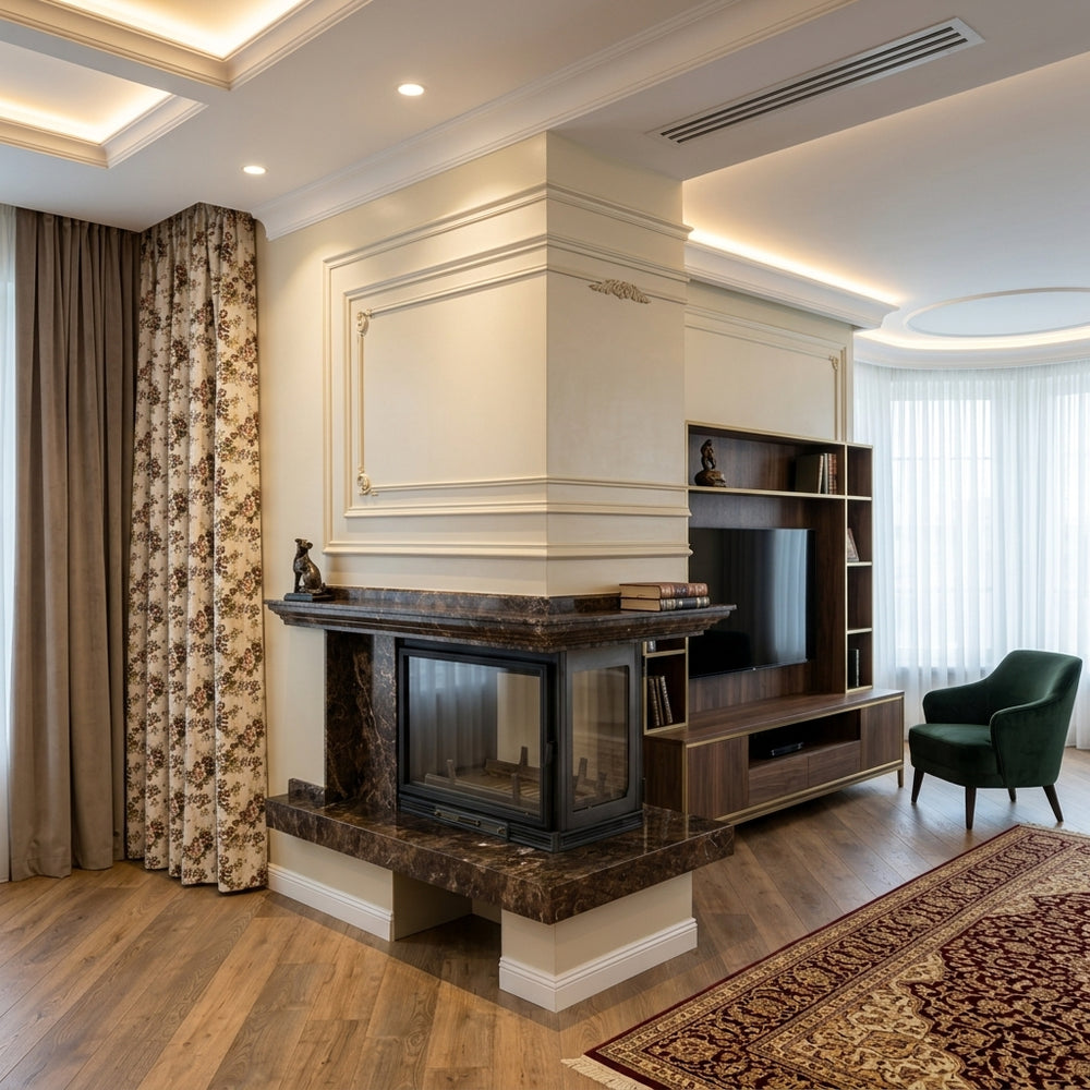 Semineu pe colt din marmura maro cu focar vitrat integrat intr-o amenajare eleganta de living realizata de Velthor Chisinau