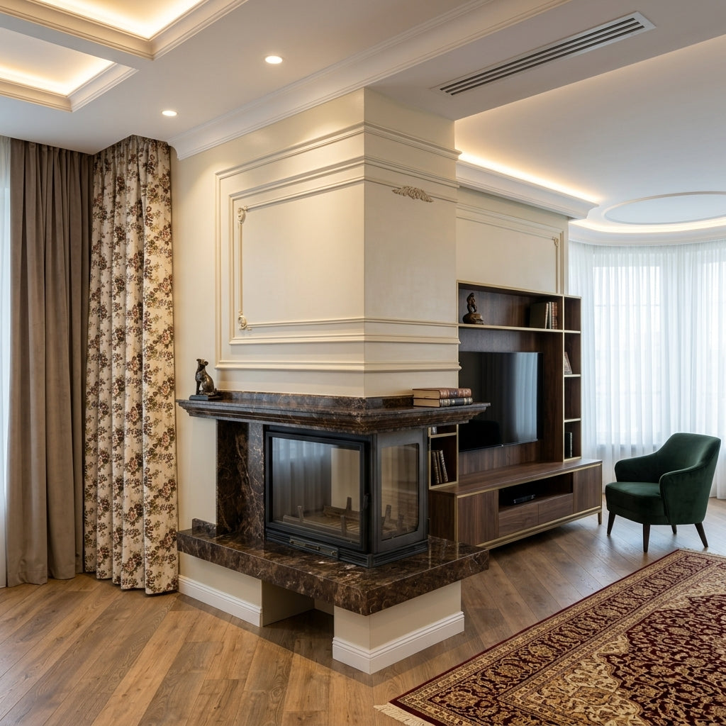 Semineu pe colt din marmura maro cu focar vitrat integrat intr-o amenajare eleganta de living realizata de Velthor Chisinau
