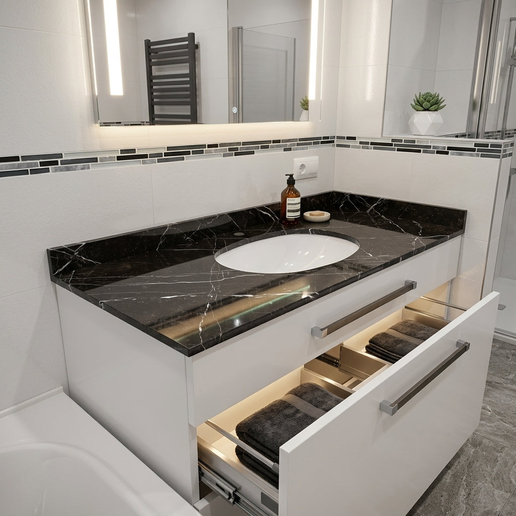 lat de baie din marmura neagra cu venaturi albe si lavoar incastrat montat pe mobilier alb