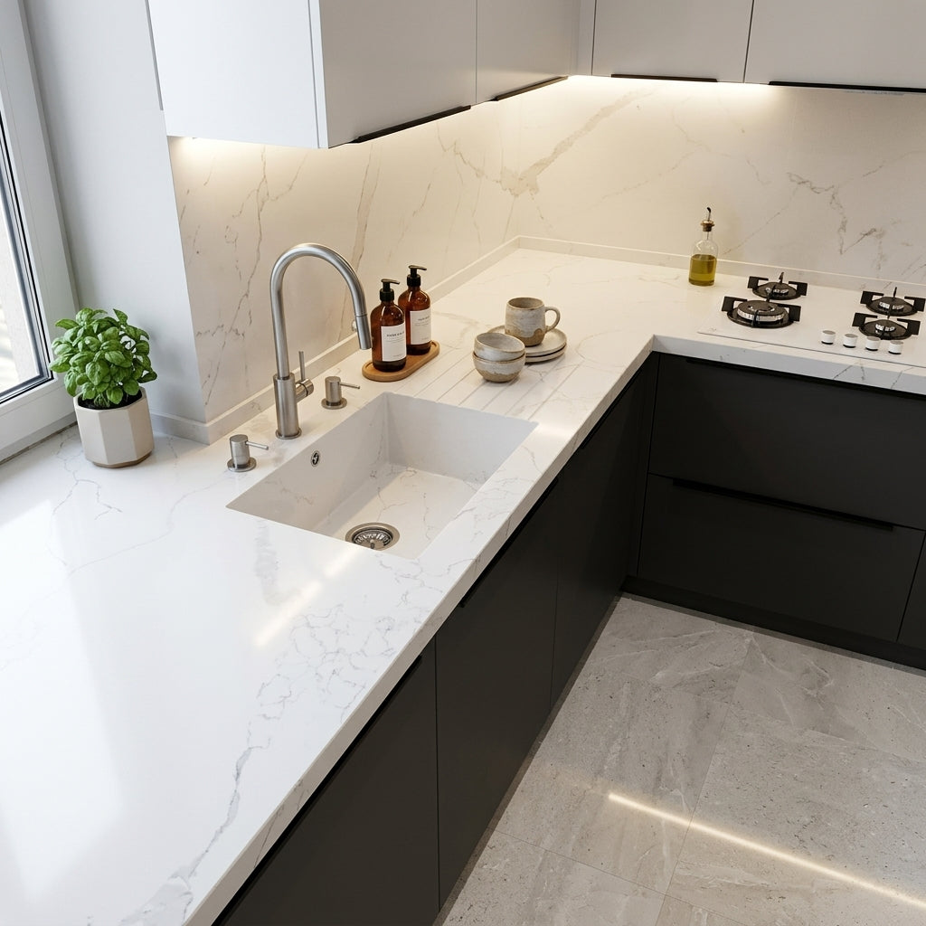 Blat de bucatarie cu venaturi elegante montat pe mobilier modern gri inchis