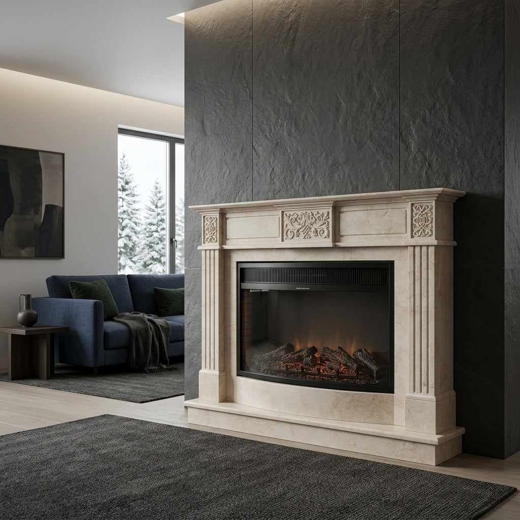 Cămin decorativ VELTHOR într-un spațiu contemporan, creat pentru a transforma atmosfera încăperii.