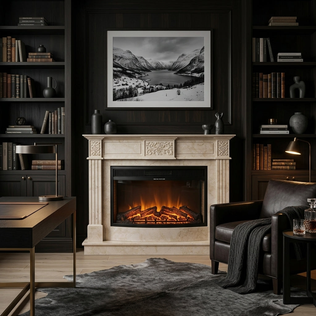 Cămin decorativ VELTHOR cu design premium, realizat pentru a aduce căldură vizuală și echilibru în interior.