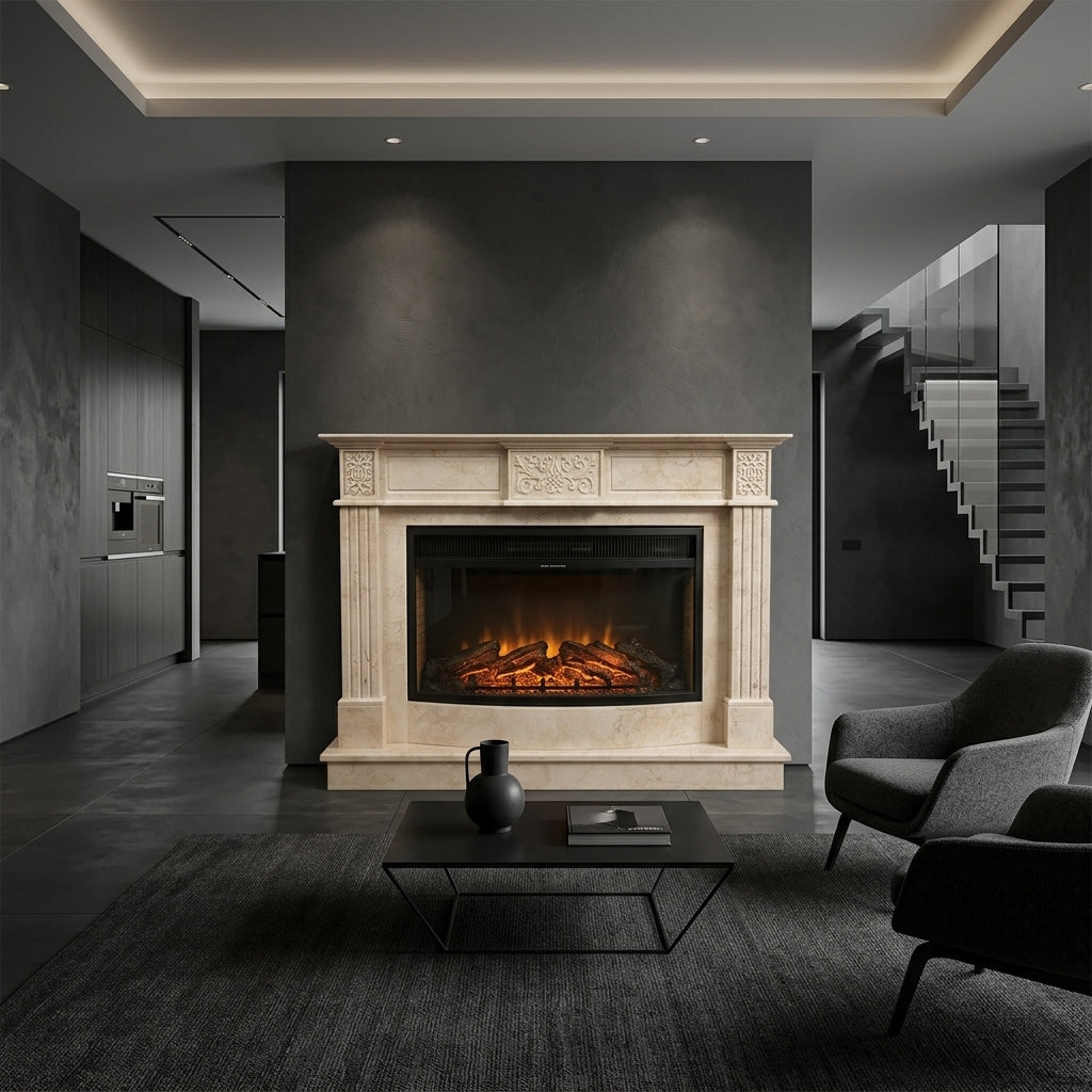 Cămin decorativ VELTHOR integrat într-un living elegant, conceput pentru a deveni punctul central al spațiului.