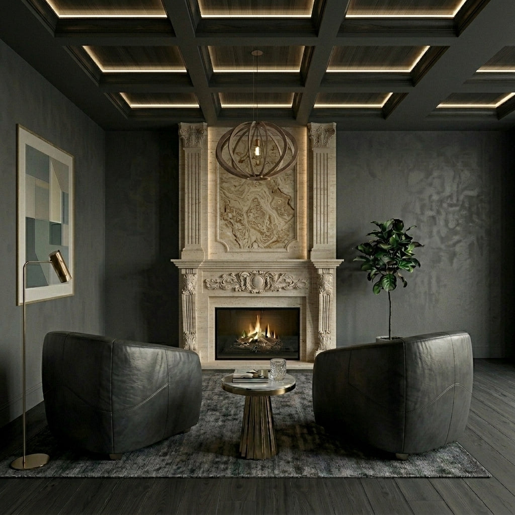 Concept de cămin decorativ personalizat VELTHOR proiectat pentru integrare armonioasă într-un interior rezidențial.