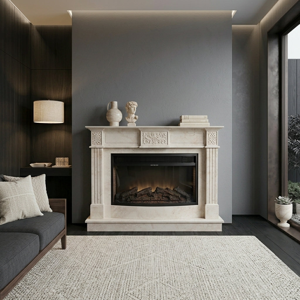 Interior transformat prin integrarea unui cămin decorativ VELTHOR, care adaugă echilibru, prezență și eleganță spațiului.