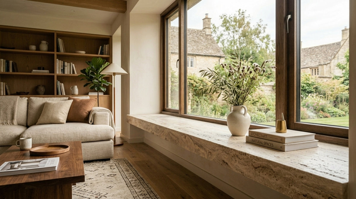 Pervaz pentru living din piatră naturală și marmură integrat într-un interior elegant și luminos | VELTHOR