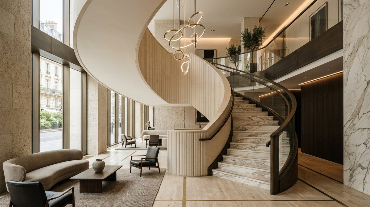 Scări comerciale din piatră naturală pentru hoteluri, showroom-uri și spații reprezentative | VELTHOR
