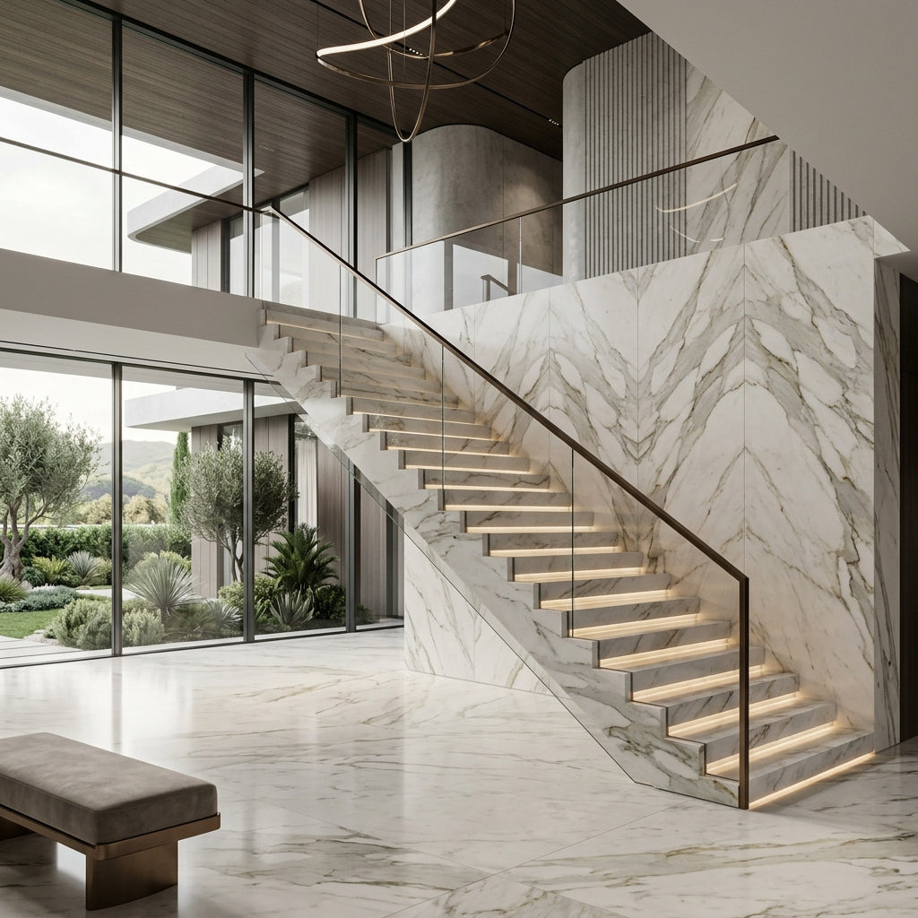 Scări drepte din piatră naturală realizate din marmură și granit pentru interioare moderne și elegante | VELTHOR