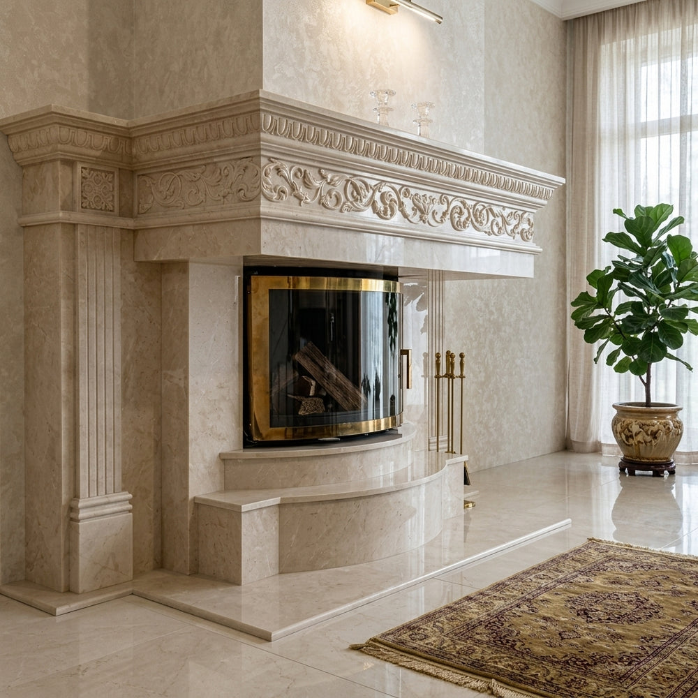 Șemineu clasic de lux din marmură crem cu sculpturi decorative și detalii aurii de la Velthor, integrat într-un living elegant cu pardoseală din piatră naturală.