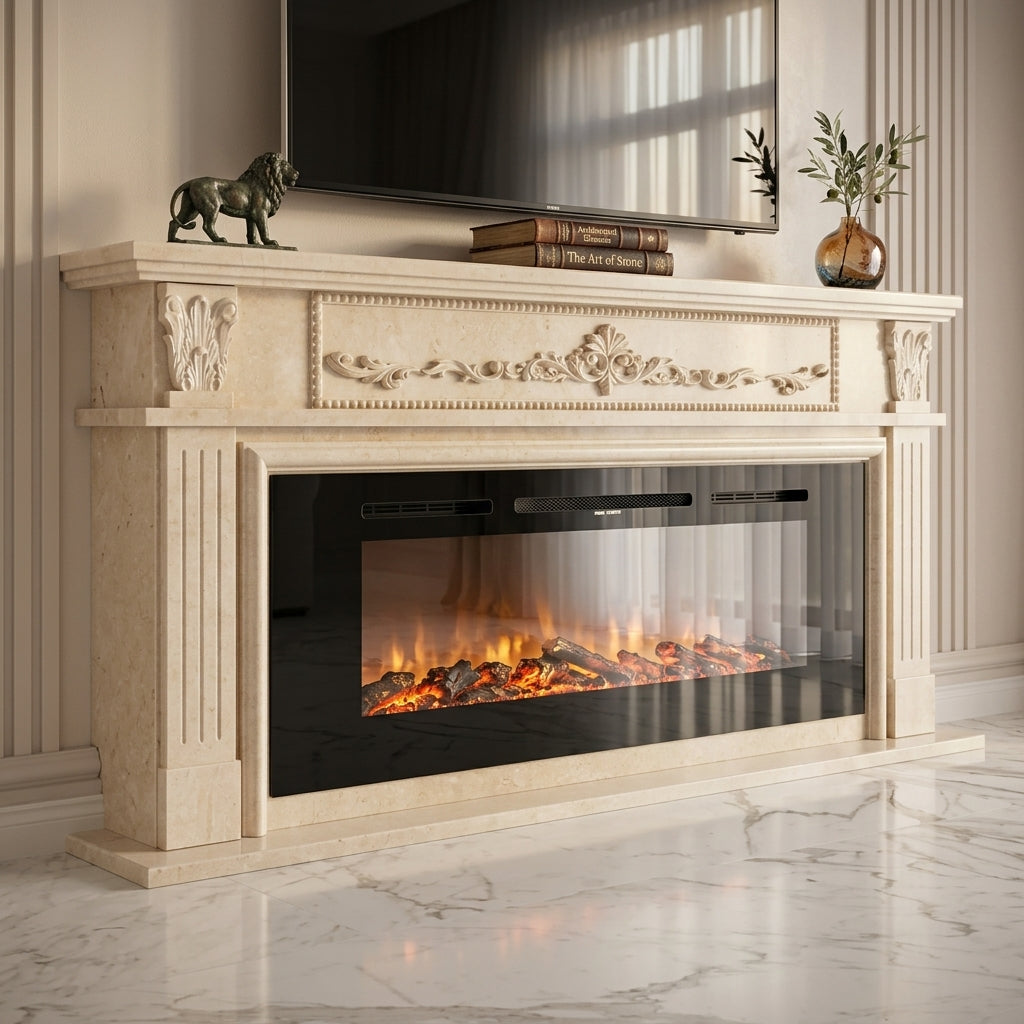 Șemineu electric modern cu portal clasic din marmură crem sculptată de la Velthor, amplasat sub un televizor într-un living elegant cu pardoseală din marmură albă.
