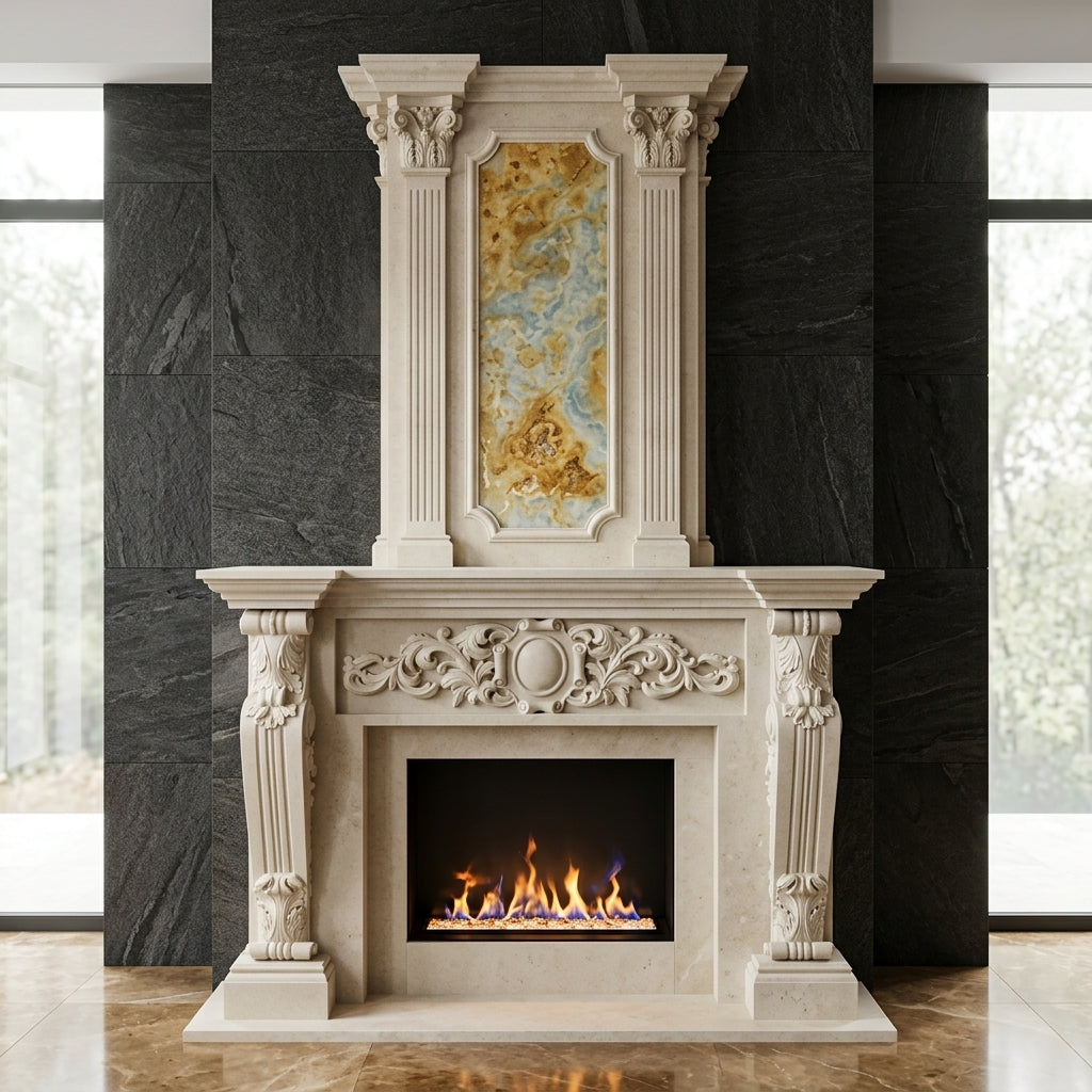 Masca de semineu Alexandria dimensiuni de baza 1450x1200x300mm din marmura VELTHOR
