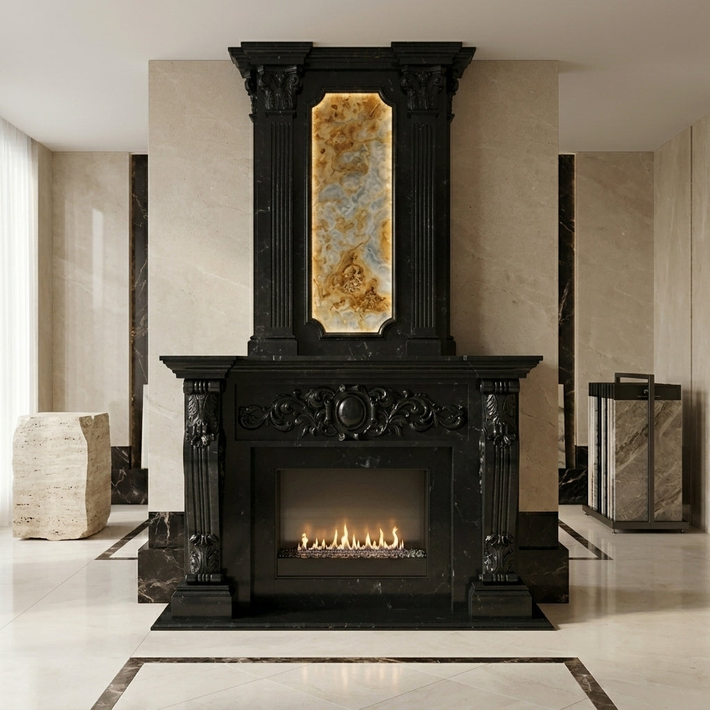 Semineu decorativ din piatra naturala model Alexandria finisaj granit negru VELTHOR