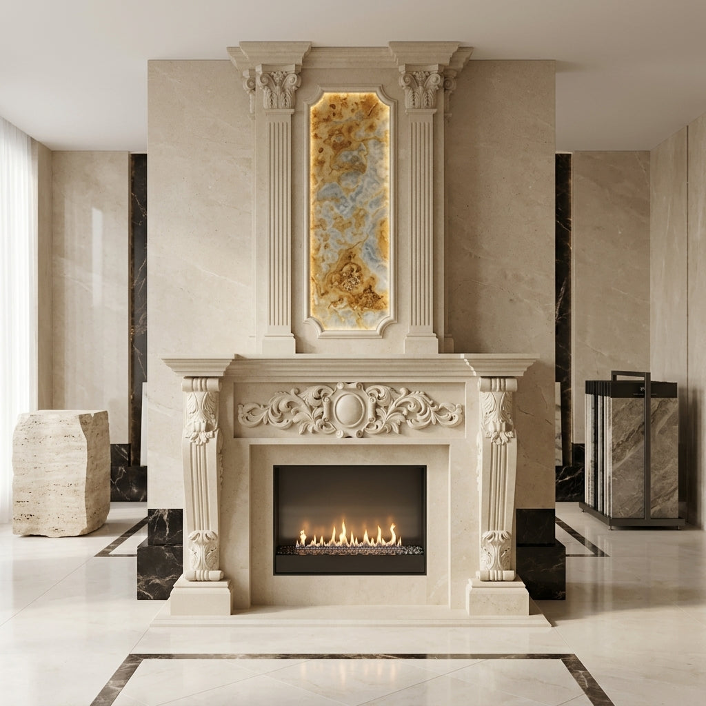 Design arhitectural premium cu blazon central pe un camin decorativ din piatra VELTHOR