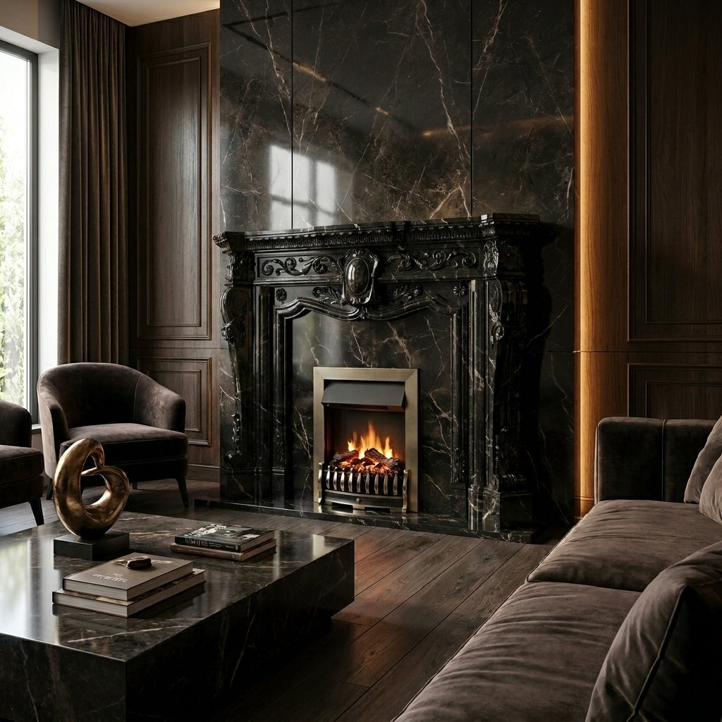 Semineu decorativ din piatra naturala model Andromeda din granit negru absolut de lux VELTHOR
