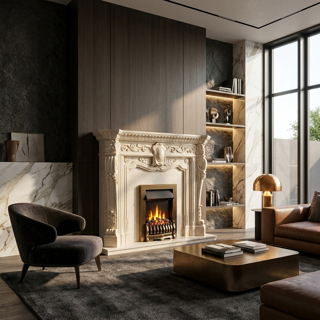 Design arhitectural premium cu structura concentrica in trepte pentru caminul modern Andromeda VELTHOR