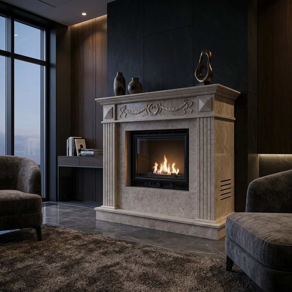 Design arhitectural premium cu piloni laterali canelati si medalioane pentru caminul Astra VELTHOR