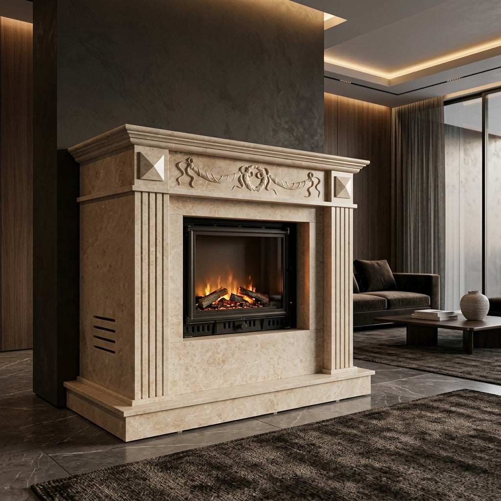 Vedere frontala a cadrului de semineu Astra din marmura dimensiuni standard 1450x1200x300mm VELTHOR