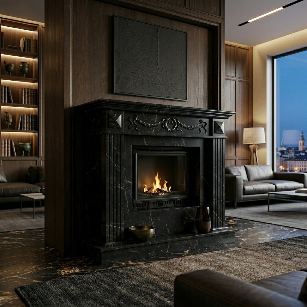 Semineu decorativ din piatra naturala model Astra din granit negru premium de lux VELTHOR