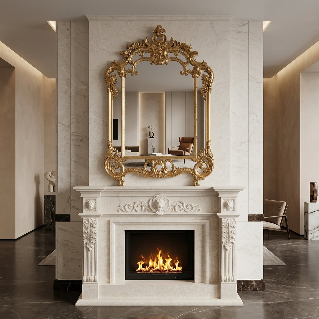 Design arhitectural premium cu frunze de acant pe un camin decorativ din piatra VELTHOR