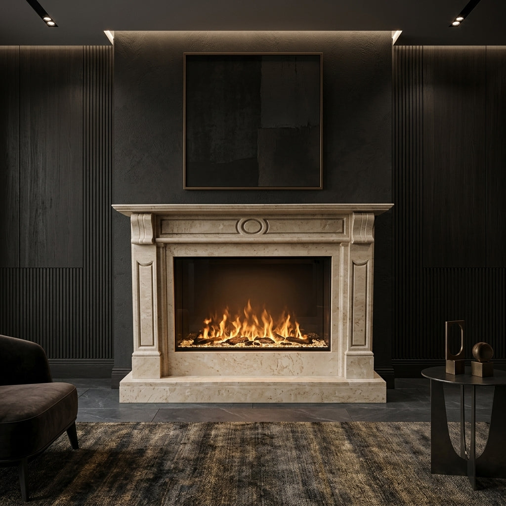 Design arhitectural premium cu console discrete si chenare geometrice pentru caminul Atlanta VELTHOR