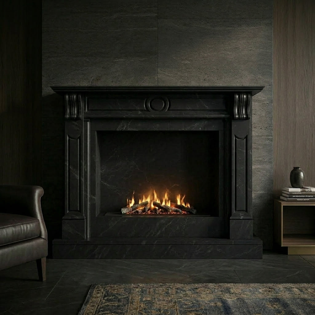 Semineu decorativ din piatra naturala model Atlanta din granit negru absolut de lux VELTHOR