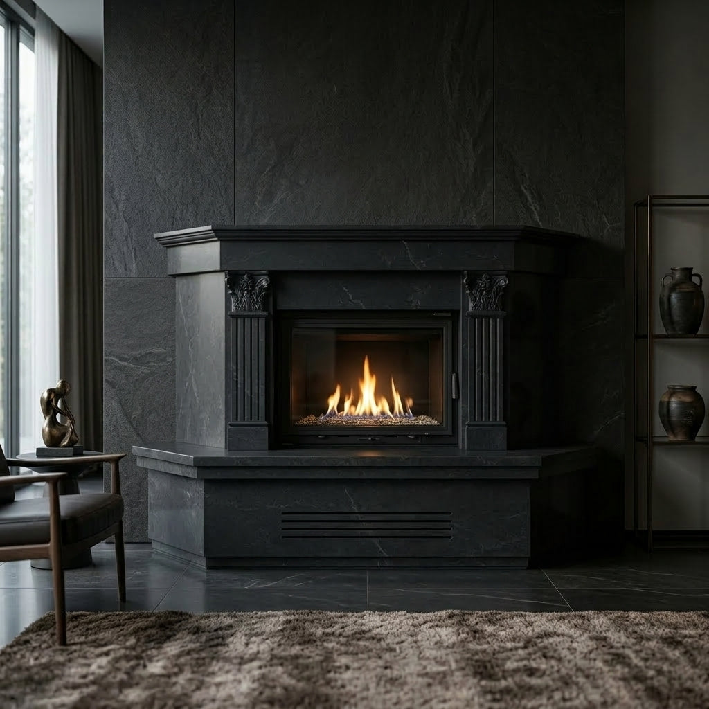 Semineu decorativ din piatra naturala model Aurora din granit negru premium de lux VELTHOR