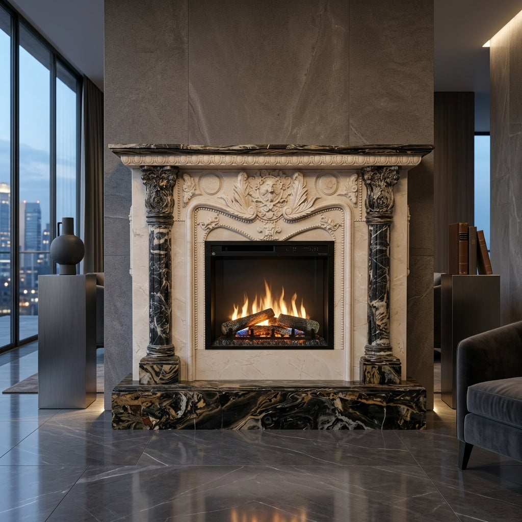 Camin din piatra naturala model Blaze din marmura nuanta bej cu sculpturi ornamentale in Chisinau VELTHOR