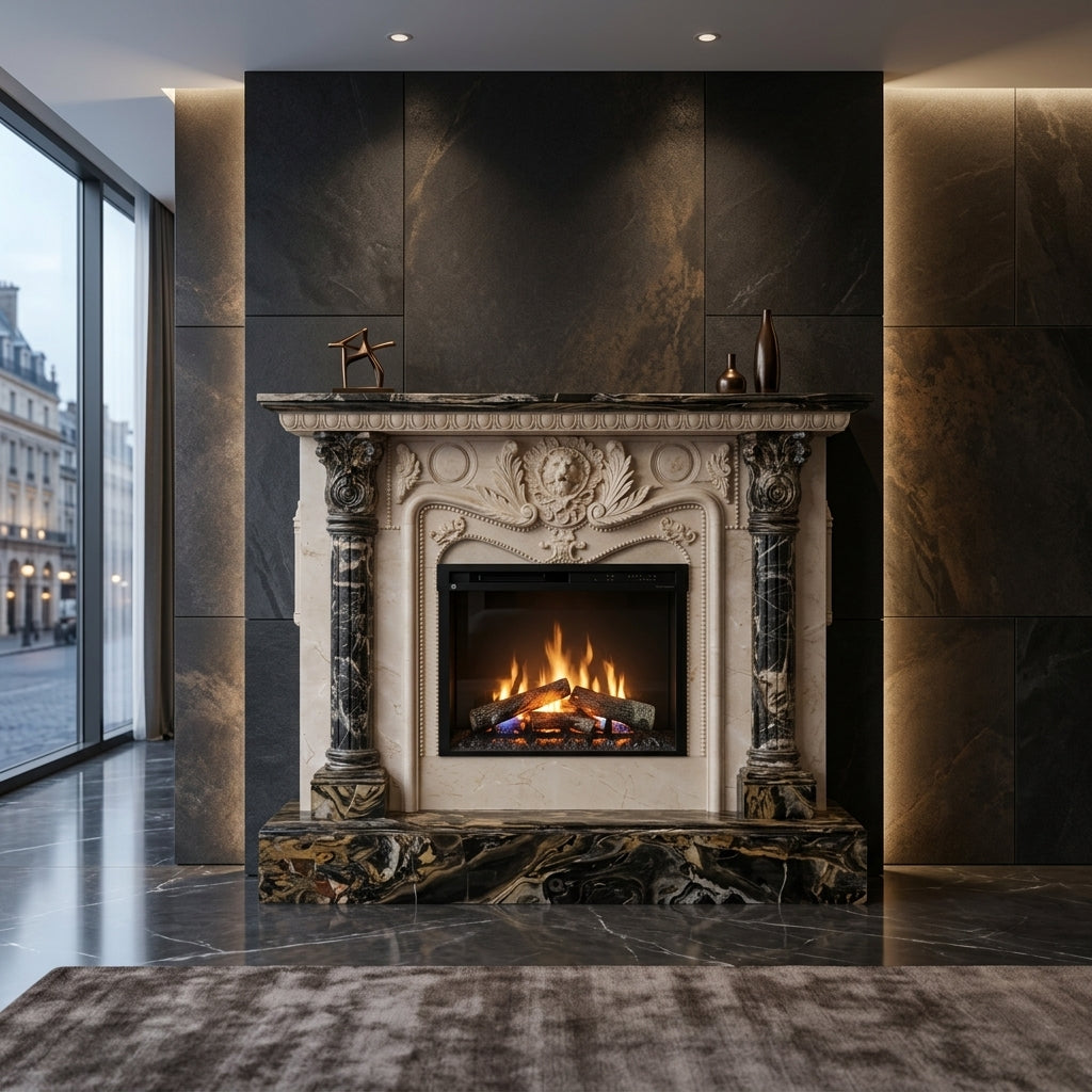 Detaliu coloane rotunde masive si capiteluri corintice fin sculptate pe portalul de lux Blaze VELTHOR