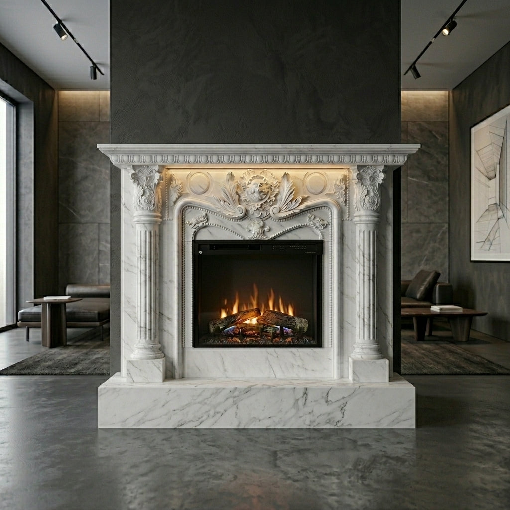 Design arhitectural premium cu relief adanc si friza centrala arcuita pe caminul elegant Blaze VELTHOR