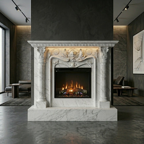 Design arhitectural premium cu relief adanc si friza centrala arcuita pe caminul elegant Blaze VELTHOR
