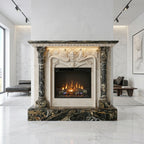 Vedere frontala a semineului monumental Blaze din piatra finisata dimensiuni 1450x1200x300mm VELTHOR