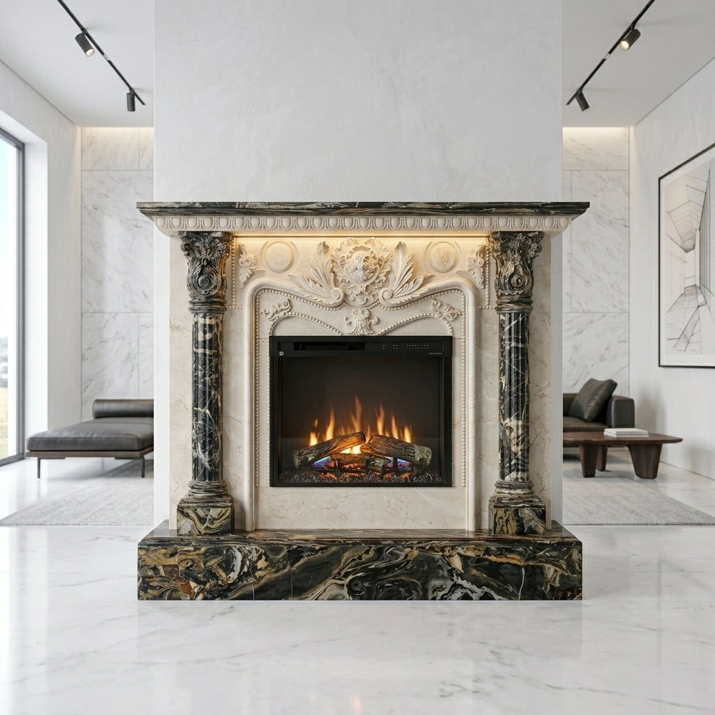 Vedere frontala a semineului monumental Blaze din piatra finisata dimensiuni 1450x1200x300mm VELTHOR