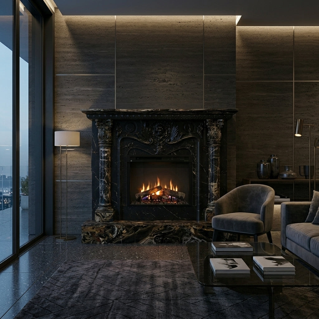 Semineu decorativ din piatra naturala model Blaze din granit negru masiv de inalta densitate VELTHOR