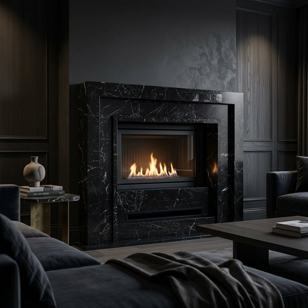 Semineu decorativ din piatra naturala model Brooklyn din granit negru premium VELTHOR