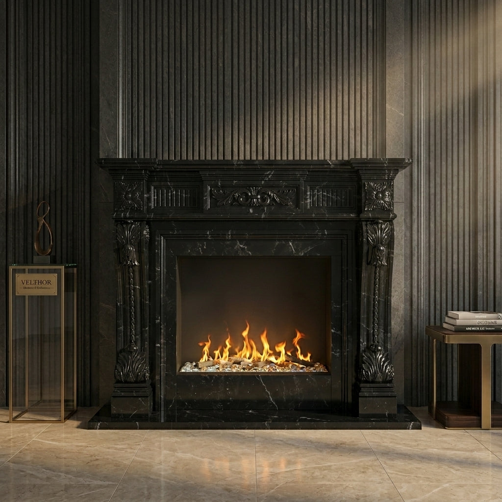 Semineu decorativ din piatra naturala model Cassiopeia din granit negru premium VELTHOR