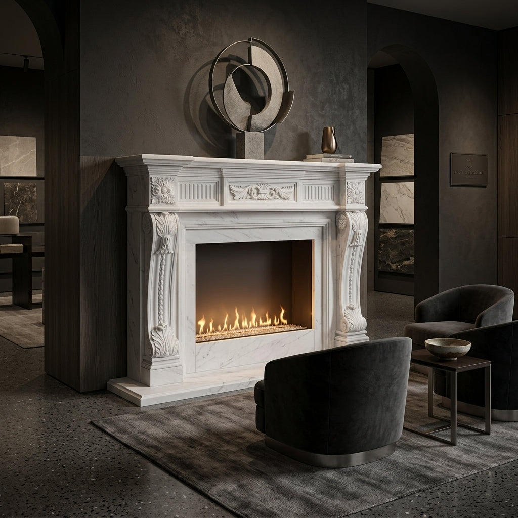 Detaliu console baroce si reliefuri sculptate manual pe semineul Cassiopeia VELTHOR