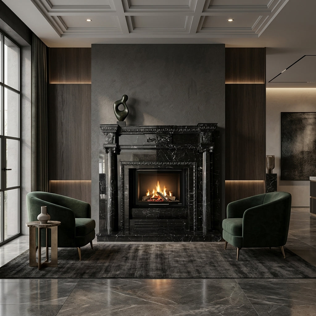 Design arhitectural premium cu console curbate si pilastri profilati pentru masca de semineu Elit VELTHOR