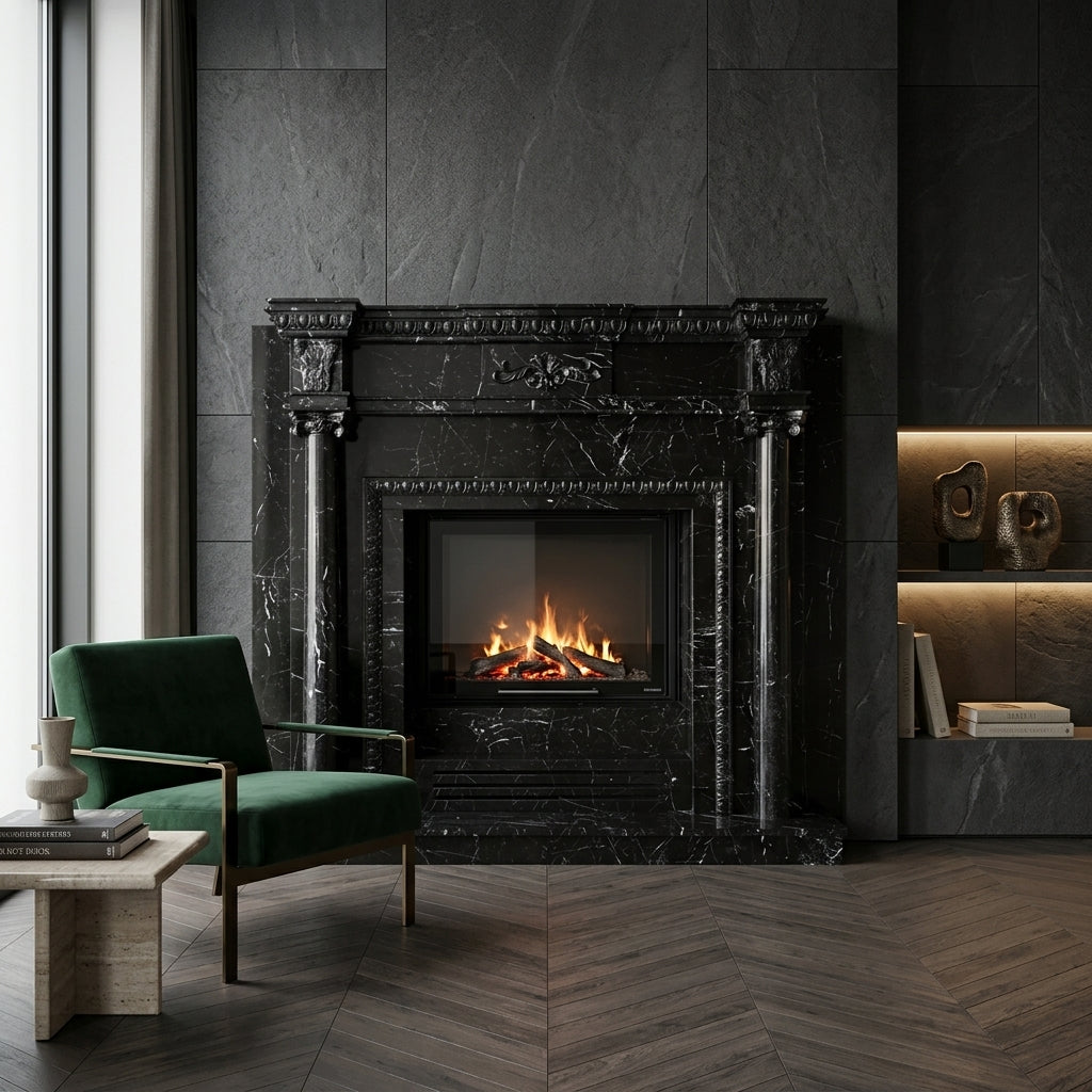 Semineu decorativ din piatra naturala model Elit din granit negru luxos cu finisaj lucios premium VELTHOR
