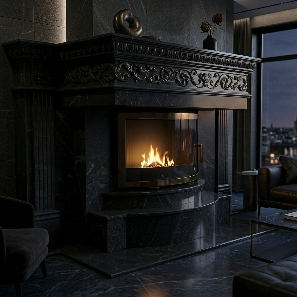 Semineu decorativ din piatra naturala model Ember din granit negru masiv cu finisaj lucios VELTHOR