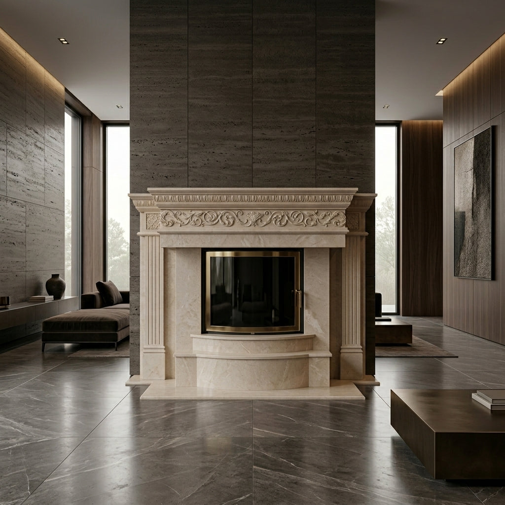 Design arhitectural premium cu console sculptate subtil pe pilastri laterali ai caminului Ember VELTHOR