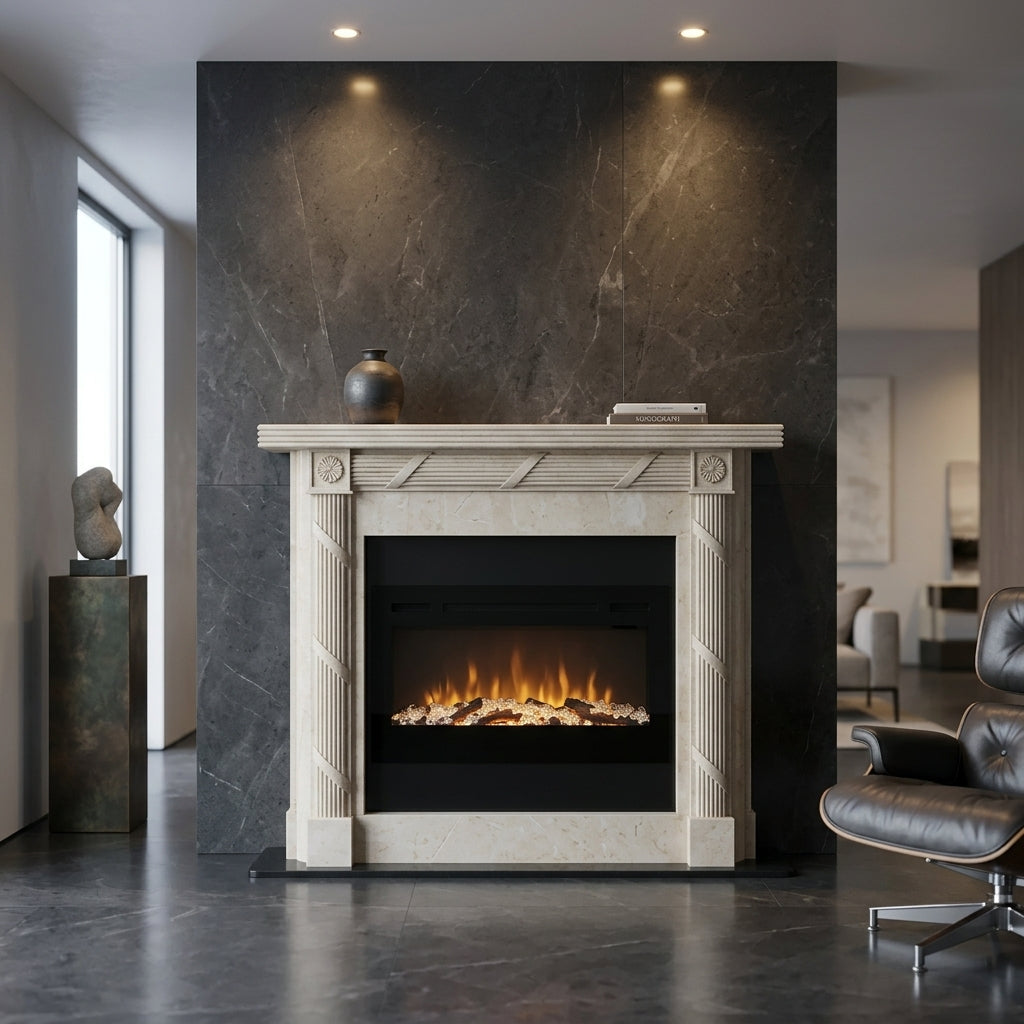 Portal decorativ din piatra naturala Flame din marmura alba premium cu detalii clasice in Moldova VELTHOR