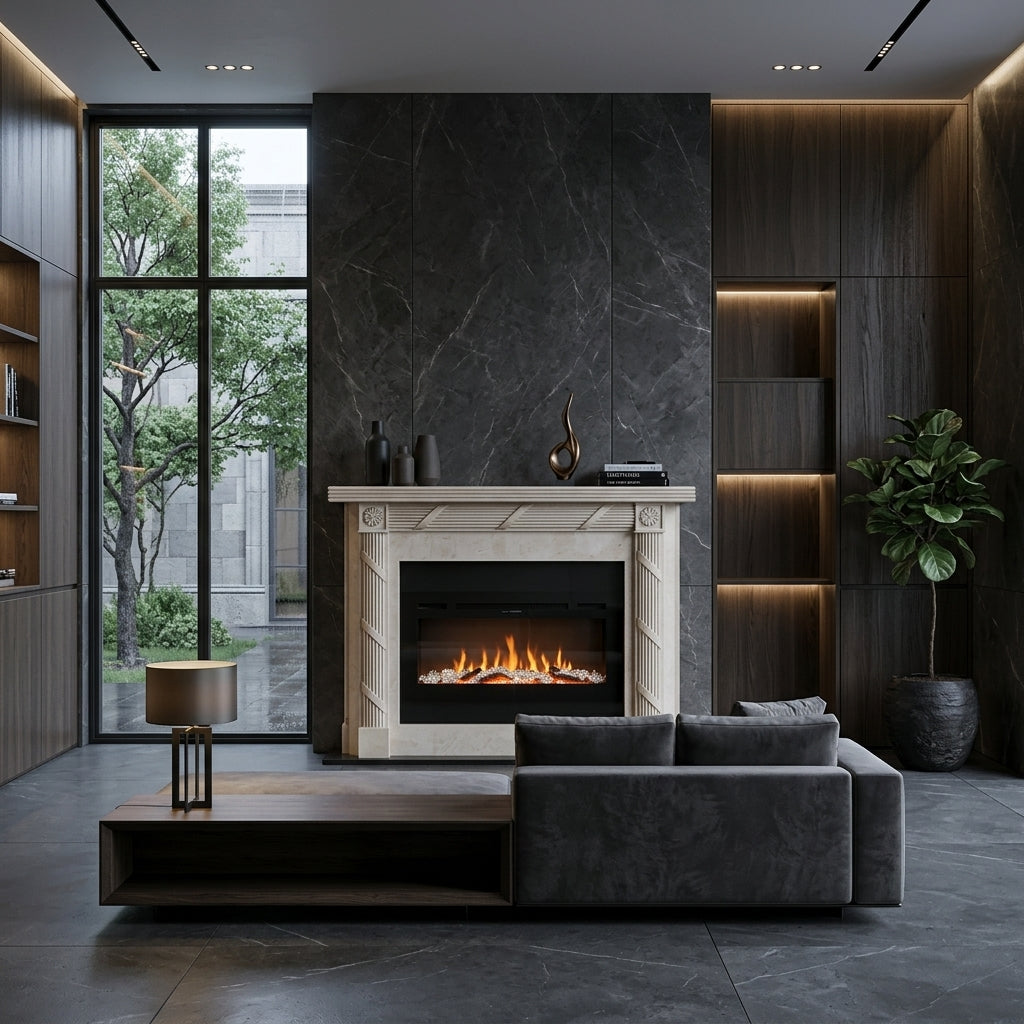 Design arhitectural premium cu pilastri canelati si rozete simetrice pentru masca de camin Flame VELTHOR