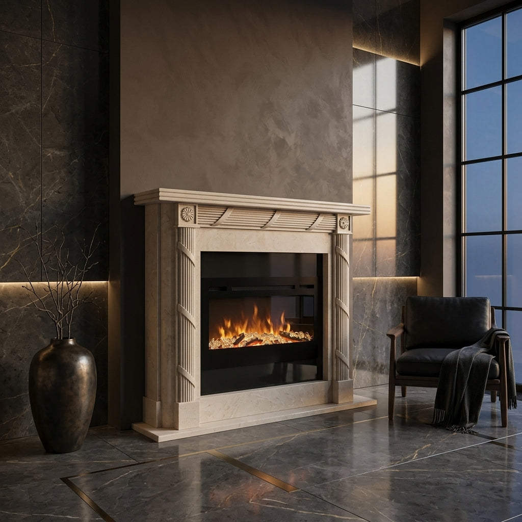 Detaliu friza frontala cu ghirlanda vegetala sculptata manual pe semineul de piatra Flame VELTHOR