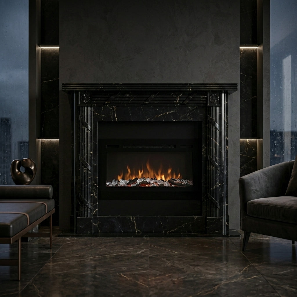 Semineu decorativ din piatra naturala model Flame din granit negru luxos cu finisaj imperial VELTHOR