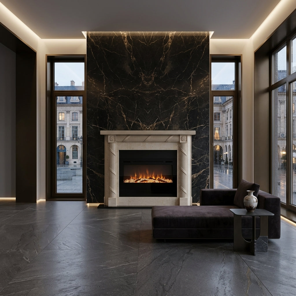 Vedere frontala a portalului imperial Flame din piatra finisata dimensiuni standard 1450x1200x300mm VELTHOR