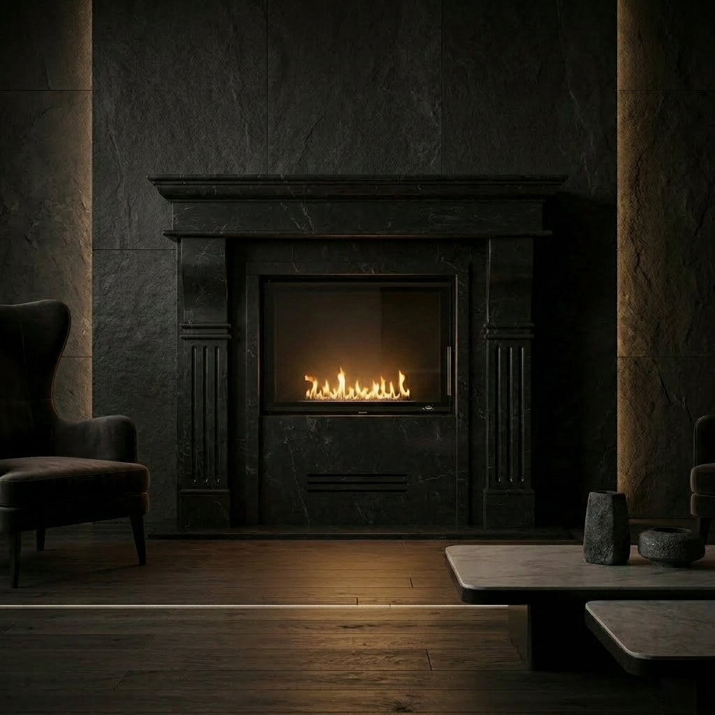 Semineu decorativ din piatra naturala model Flicker din granit negru masiv de lux VELTHOR