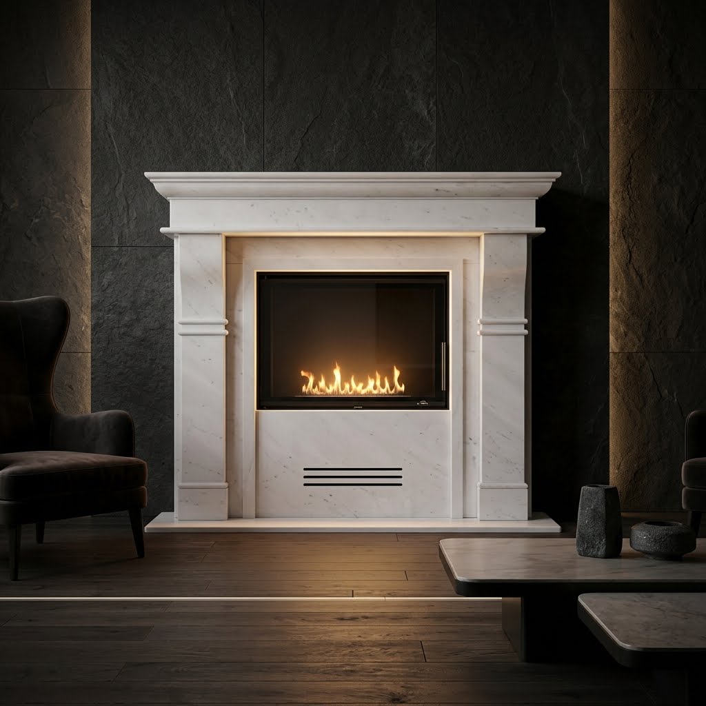 Design arhitectural premium cu piloni canelati si linii simetrice pentru caminul Flicker VELTHOR