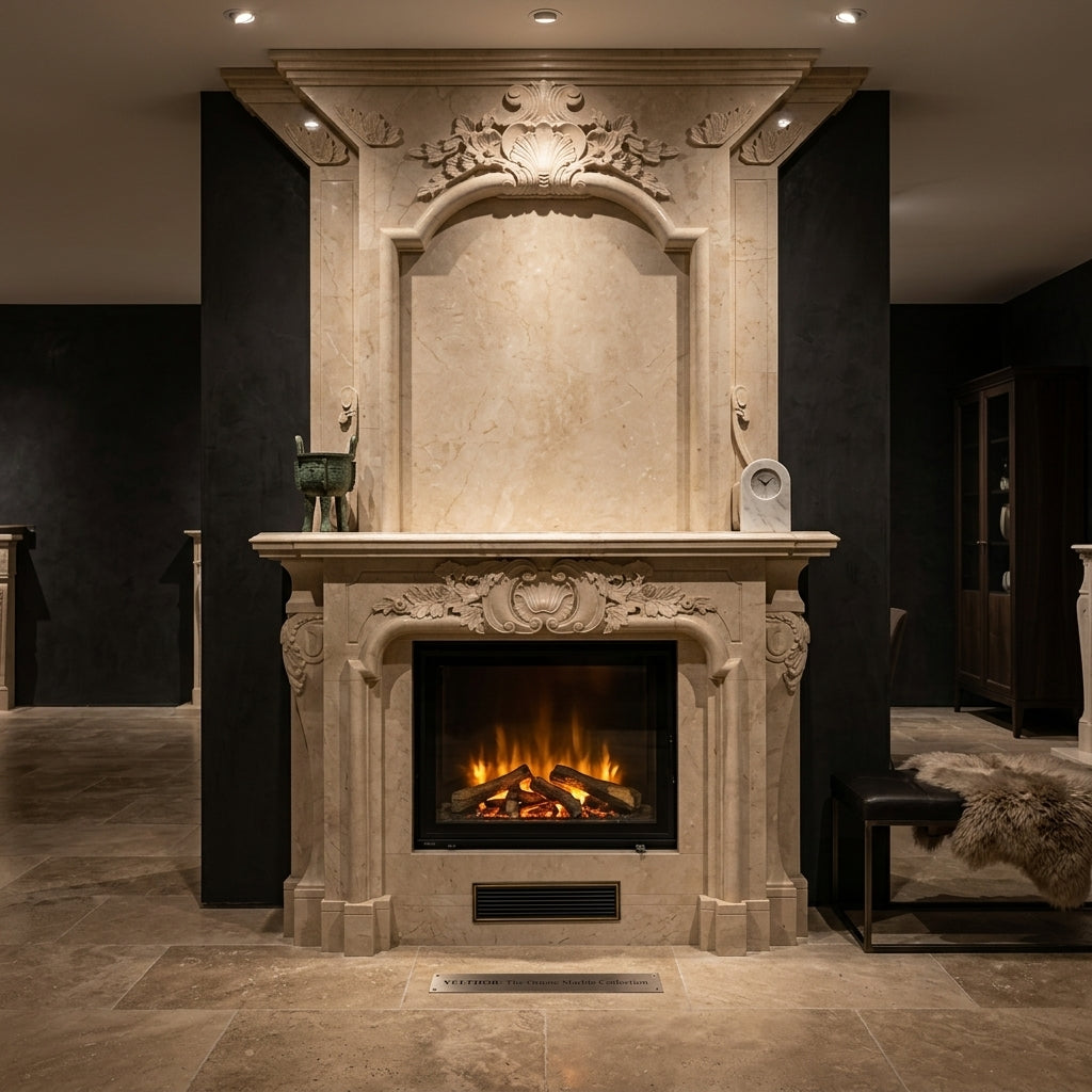 Masca de semineu Florence dimensiuni de baza 1450x1200x300mm din piatra VELTHOR