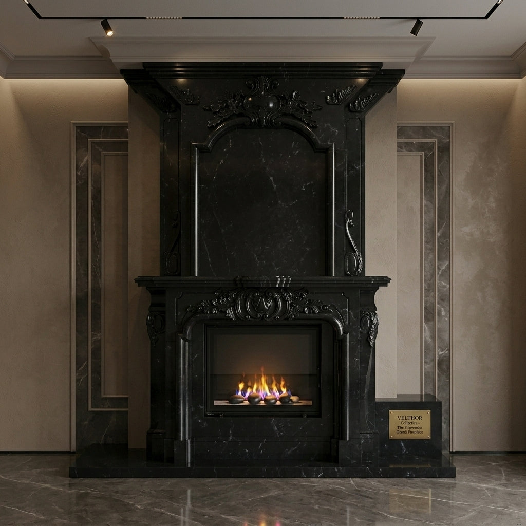 Semineu decorativ din piatra naturala model Florence finisaj granit negru VELTHOR