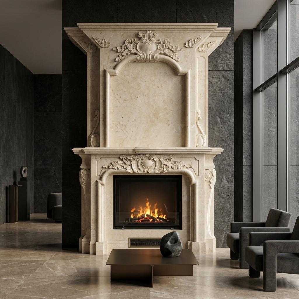 Design arhitectural premium pe verticala pentru un camin decorativ din marmura VELTHOR